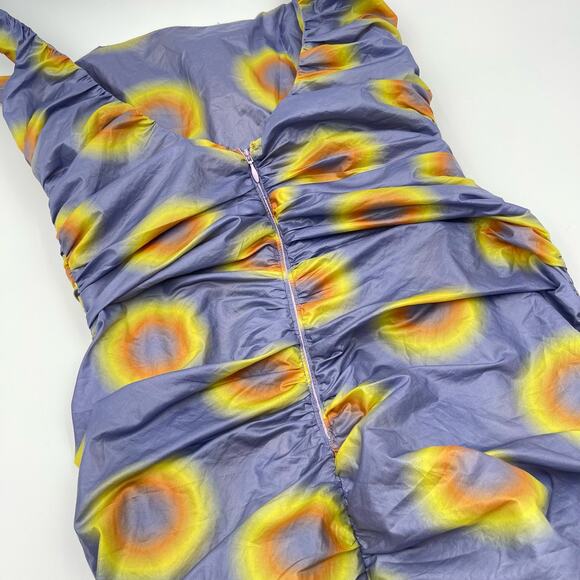 Maisie Wilen | Lady Miss Purple Yellow Ruched Low Back Polka Dot Midi Dress M - Picture 11 of 14